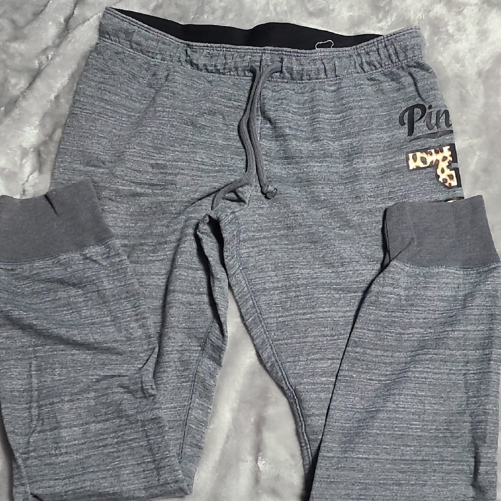 PINK Victoria's Secret Heather Gray Joggers with Leopard Accent